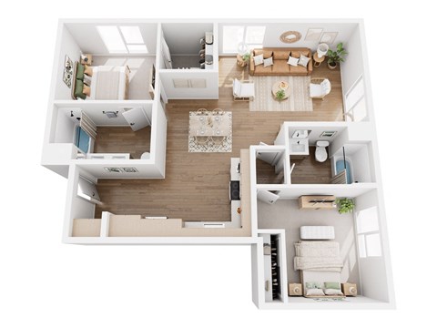 A top-down view of a well-organized apartment with a living room, kitchen, and bedroom.